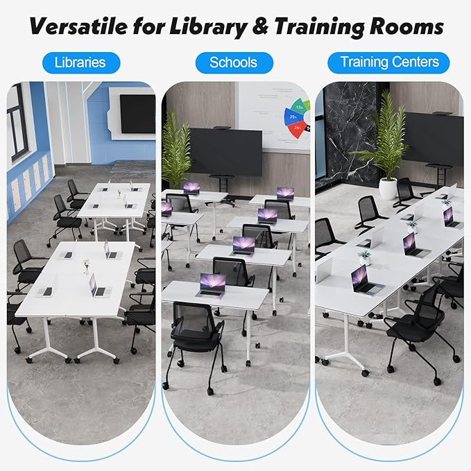 Goakwwuz Conference Room Table, Folding Conference Tables,Thicken Grey Tabletop,Flip Top Wooden Seminar Meeting Room Table for Conference Room Offices (4, White, 70.8”)