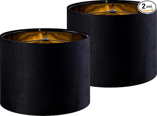 GO&SO Black Velvet Lamp Shades Set of 2 Large Drum Lampshades -16" Top x 16" Bottom x 12" High(Spider) Traditional Fabric Lamp Shade for Table Lamps - Replacement Lampshade - Assembly Required