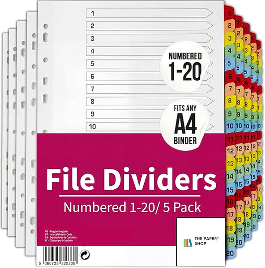 Binder Dividers with Tabs 1-20 Numbered – A4 (5 Pack) | Dividers for 3 Ring Binder | Numbered Tab Dividers for Office, School & Home Organization - The Paper Shop