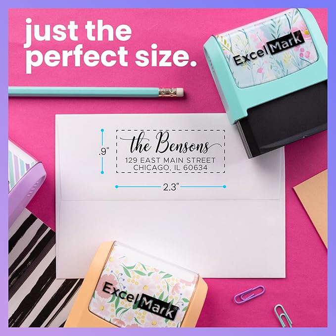ExcelMark Address Stamp - Custom Return Address Stamp with Elegant Designs, Vibrant Colors & Patterns – Perfect for Mail, Invitations & Gifts (Peach Mount, Signature Script)