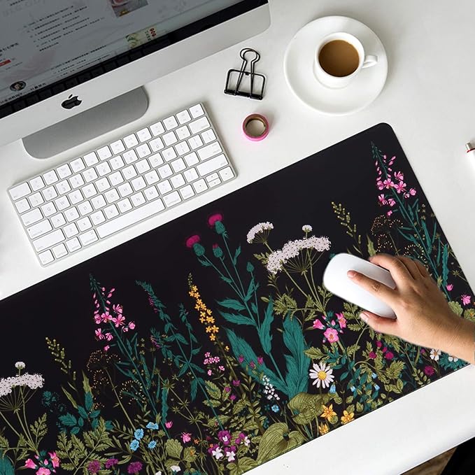iCasso Desk Mat, Big Desk Pad, XXL Extended Gaming Mouse Pad, Large Mouse Pad for Desk Protector, Rubber Base Mousepad with Stitched Edges, Keyboard Mouse Mat for Work, Game, Office, Home - Weeds