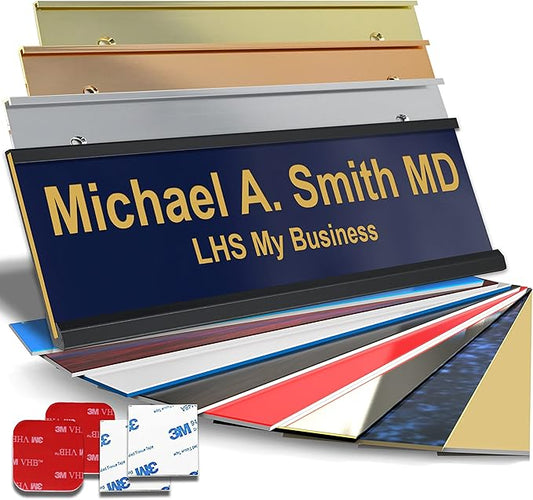 Custom Name Plate with Choice of Mounting for Walls, Doors, Cubicles, Hanging and More - Personalized Navy Blue Plastic Gold Letters - USA Made 2x10 - B10