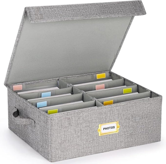 Erogeen Decorative Photo Storage Box with lid 4x6, 8 Inner Photo Organizer with Dividers, Memory Storage Box for Pictures, Stamps, Keepsakes (Gray)