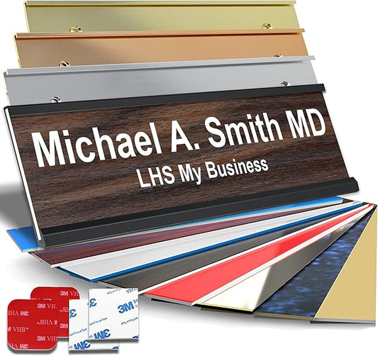 Custom Name Plate for Doors, with Choice of Mounting Holders for Walls, Doors, Cubicles, Hanging and More - Personalized Natural Teak Plastic White Letters - USA Made 2x6 - N7