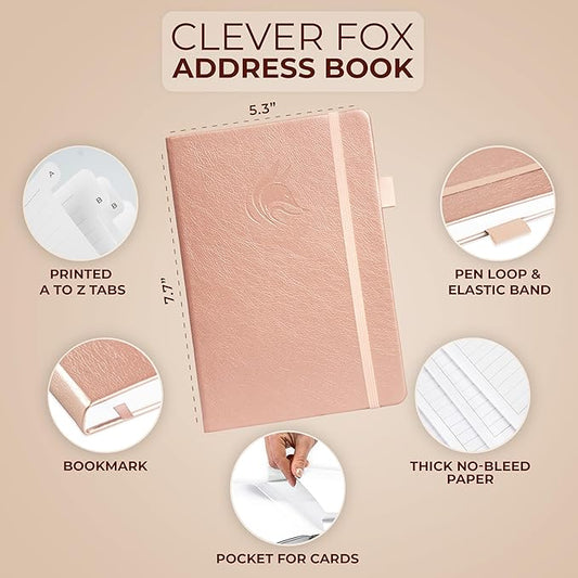 Clever Fox Address Book with alphabetic tabs - PU leather telephone and address book for keeping contacts safe, Contact Organizer Journal, Medium Size (5.3″ x 7.7″) Hardcover, Rose Gold
