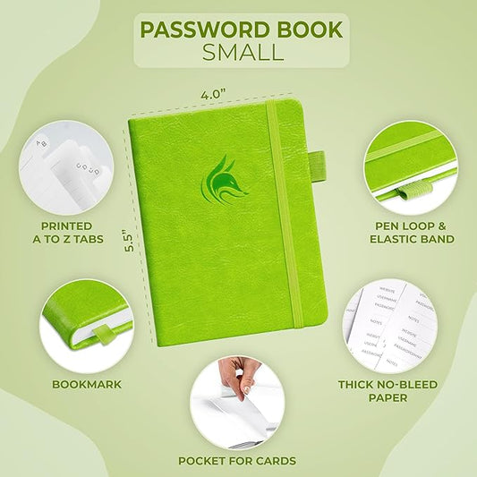 Clever Fox Password Book with alphabetical tabs. Internet Address Organizer Logbook. Small Pocket Password Keeper for Website Logins (Green)