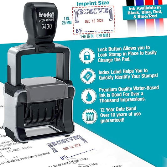 Trodat 5430 Professional Self-Inking Date Stamp with Posted - Blue Ink