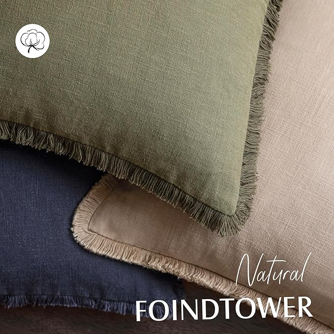 Foindtower Set of 2 Decorative Linen Fringe Throw Pillow Covers Boho Farmhouse Cushion Cover with Tassels Accent Pillowcase for Couch Chair Sofa Bed Living Room Home Decor,22×22 Inch,Tan Beige