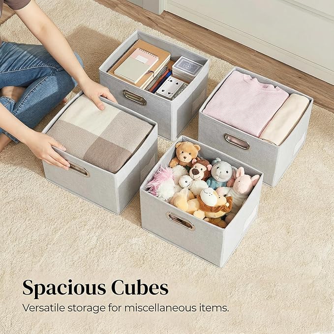 PRANDOM Storage Bins with Lids [3-Pack] Linen Fabric Foldable Storage... (Beig..
