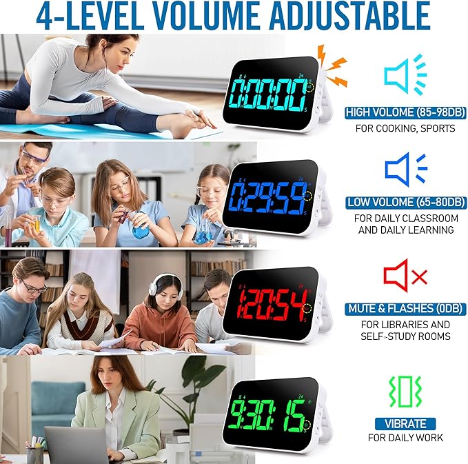 Kitchen Timer（1.5" Number）with Voice Reminder,10 RGB Color Changing Digital Magnetic Timer, Countdown/Up, Rechargeabilit, Brightness Display, 3 Volume Levels and Vibration Mode, for Classroom, Cooking