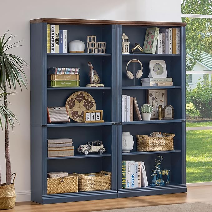 RWYHG 70" Blue Tall Bookshelf Set of 3,5-Tier Thick Wooden Book Shelf with Adjustable Shelves,Free Standing Farmhouse Bookcase with Open Display Storage,Floor Vintage Bookshelves for Living Room