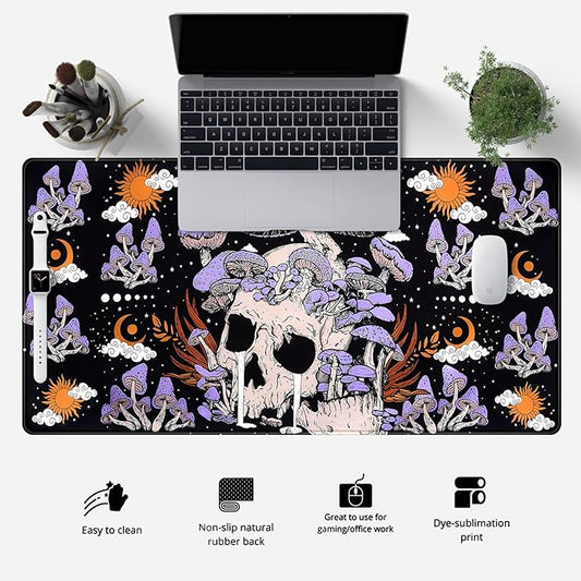 Black Mouse Pad Mushroom Desk Pad Skull Skeleton Purple Pc Laptop Office Keyboard Mouse Pads, Large Gaming Setup Office Extra Large Deskmat Laptop Mousepad 31.5x15.8 in-with Stitched Eges