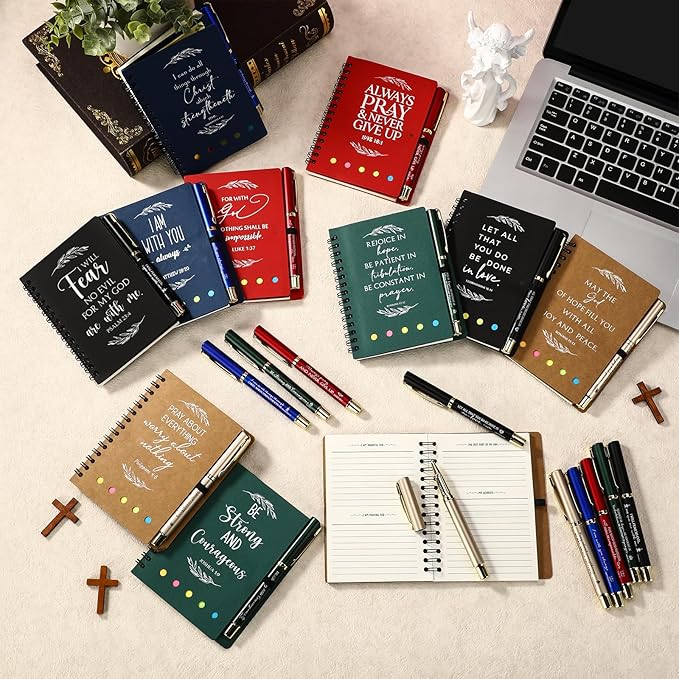 Spakon 20 Set Valentine's Day Christian Gifts Bulk Church Sticky Note Spiral Notebook Bible Verse Ballpoint Pen Prayer Journal Religious Scripture Notepad Sunday School Teacher Pastor Party Favor