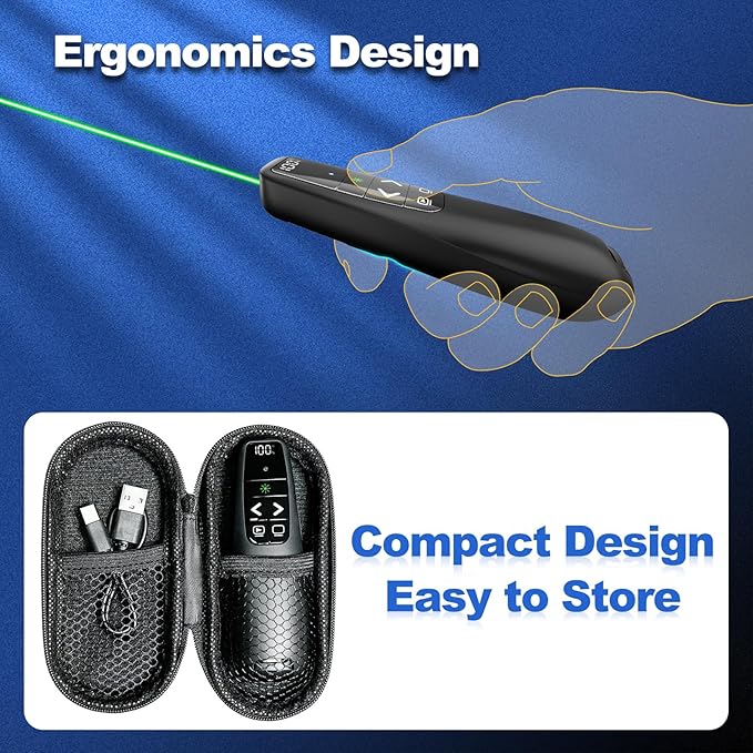 Rechargeable Presentation Clicker with Case, Power Digital Display Wireless Presenter Remote, USB C Green Light Pointer Computer PowerPoint PPT Clickers for Mac Laptop, Slideshow Google Slide Advancer