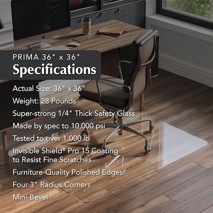Vitrazza Glass Chair Mat 36” x 36” Superior ¼" Thick, Luminoso Standard Clear, Certified Tempered Safety Glass, Delivers a Smooth Glide, Protects Carpet or Wood, Beautiful in Home or Office