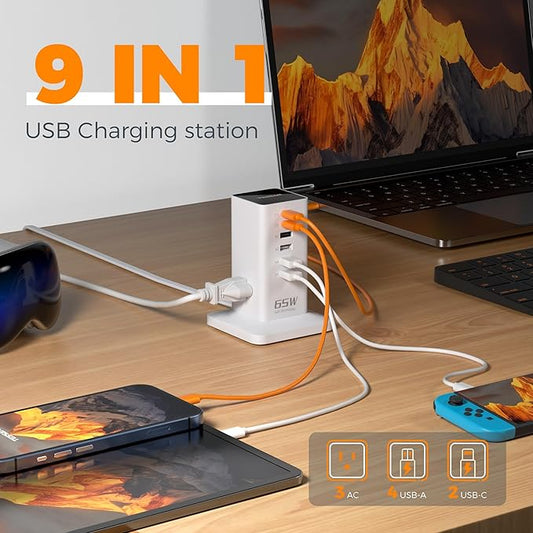 USB Charging Station for Multiple Devices PD 65W, TESSAN 9-in-1 USB C Charger Block for iPhone 17/16/15, MacBook, Tablet, Type C Desktop Charger with 3 AC, Home Travel Office Accessories, White