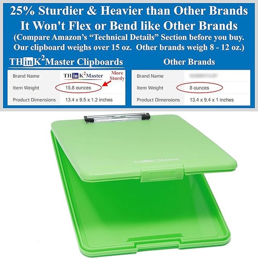 Think2Master Green Plastic Storage Clipboard. | 25% Heavier & 25% Sturdier| Heavy Duty and Won’t Flex or Bend Like Other Brands (Compare The Weight). Storage Compartment Holds 150 Letter Sized Paper.