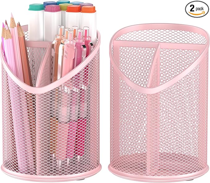 Delifox Mesh Round Pen & Pencil Holder — 2 Pack, Pink