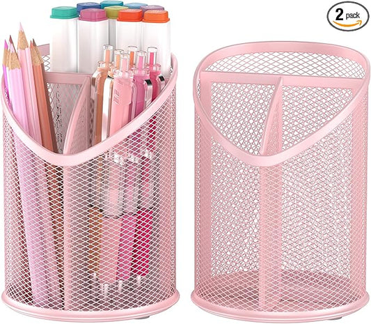 Delifox Mesh Round Pen & Pencil Holder — 2 Pack, Pink