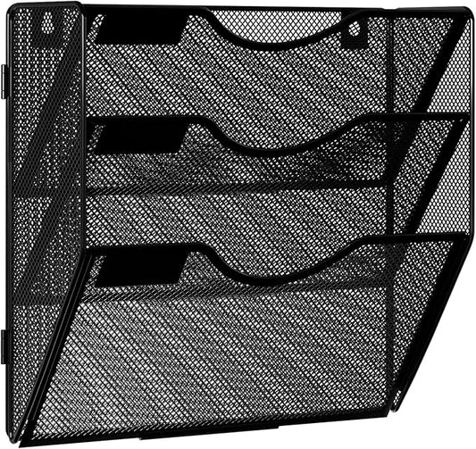 Solinxe Wall Hanging File Holder 3 Tier Wall Mounted Paper Organizer Magazine File Holder Storage Organizer, Black