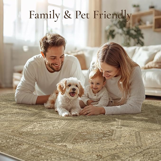 GENIMO 6x9Area Rugs for Living Room, Machine Washable Non Slip Vintage Rugs, Low Pile Lightweight Print Rug for Bedroom, Dining Room, Home Office, Tan Brown
