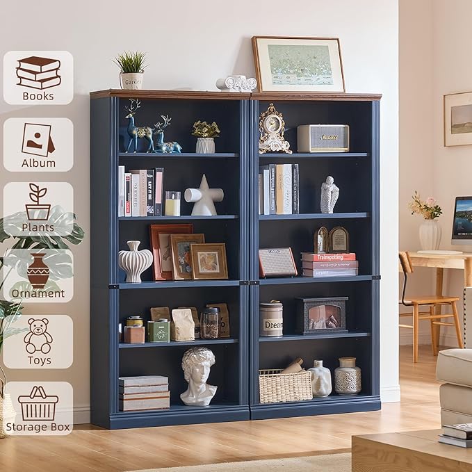 RWYHG 70" Blue Tall Bookshelf Set of 4,5-Tier Thick Wooden Book Shelf with Adjustable Shelves,Free Standing Farmhouse Bookcase with Open Display Storage,Floor Vintage Bookshelves for Living Room