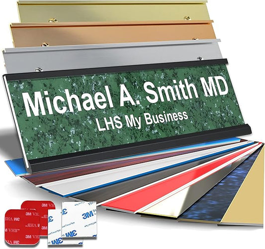 Personalized Name Plate with Choice of Mounting Holders for Walls, Doors, Cubicles, Hanging and More - Custom Verde Green Marble Plastic White Letters - USA Made 2x10 - S4