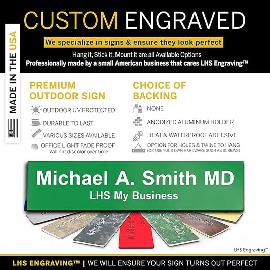 Custom Name Plate with Choice of Mounting for Walls, Doors, Desk Holders, Cubicles, Hanging and More - Personalized Green Plastic White Letters - USA Made 2x8 - B6