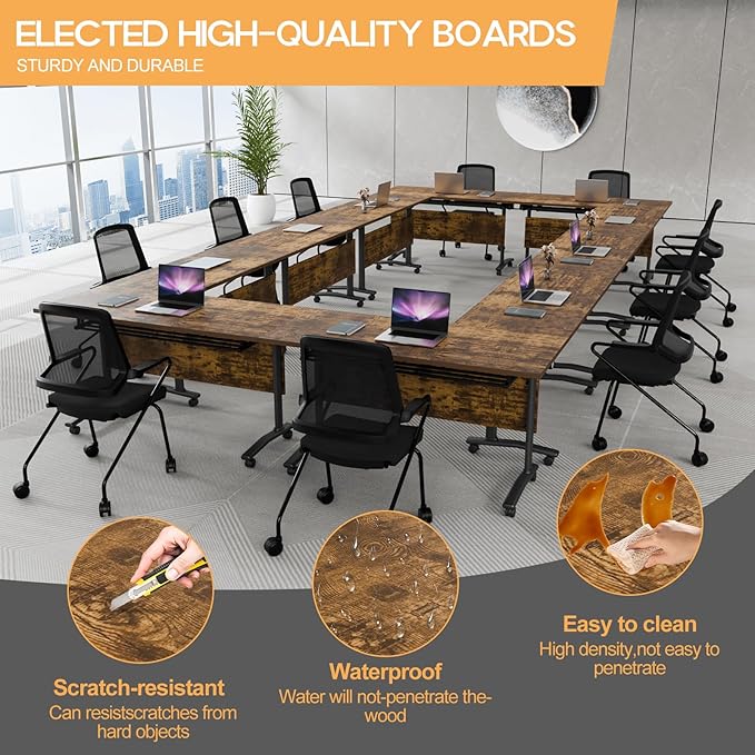 Folding Conference Table 4ft 5ft, Foldable Office Meeting Desk for 6 People, Multiple Sizes Colors Mobile Conference Room Table for Training Room School Business Furniture (2, Brown, 55in)