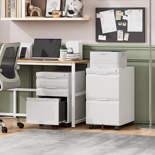 LONGLINK 2 Drawer Mobile File Cabinet with Lock,Under Desk Metal Filing Cabinets with Wheels for Home Office Organizer Letters/Legal/A4(Easy Assemble-White)