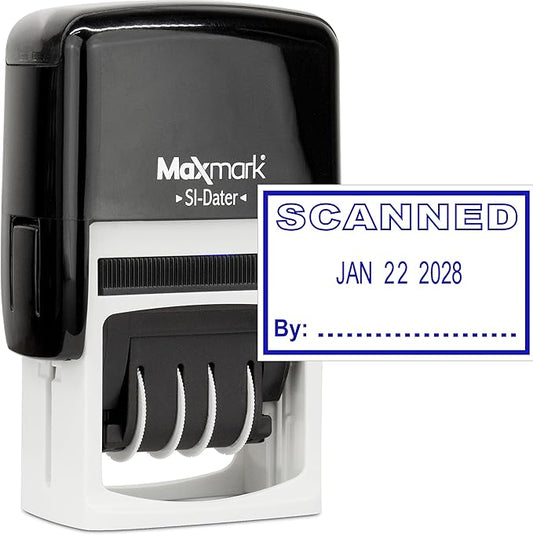 MaxMark Office Self Inking Date Stamp with Phrase Scanned - Blue Ink