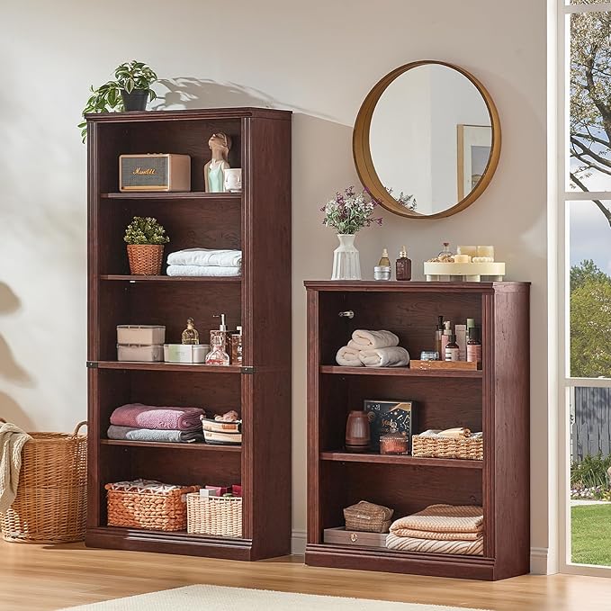 RWYHG 43" Walnut Tall Bookshelf,3-Tier Thick Wooden Book Shelf with Adjustable Shelves,Free Standing Farmhouse Bookcase with Open Display Storage,Floor Vintage Bookshelves for Living Room,Office