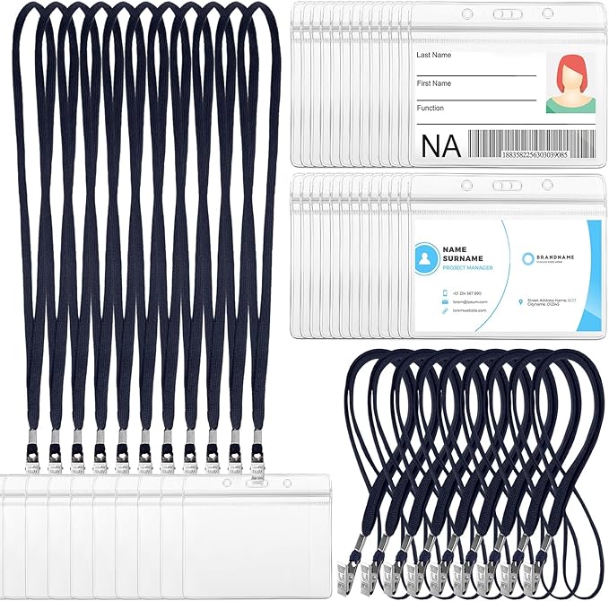 Marspark 50 Sets Clear Name Tags with Lanyard, Lanyards for ID Badges Reusable Strap with ID Holder Plastic Name Badges for Adults Business School Church Conference (Dark Blue)