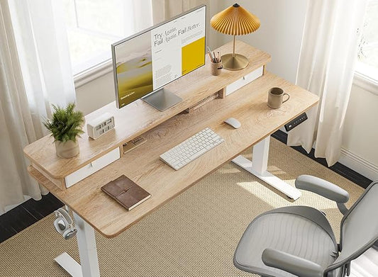 FEZIBO 63 x 28 Inch Deeper Height Adjustable Electric Standing Desk with Double Drawers, Sit Stand Up, Home Office Computer Desk with 4 Height-Adjustable Feets & 2 Hooks, White Frame/Maple Top