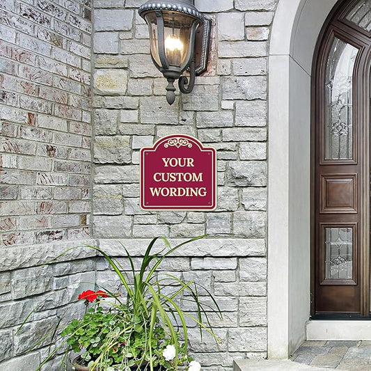 Custom Decorative Sign, Personalized Metal Sign for Business, Driveway, Home, Airbnb, Office Door Plaque,Burgundy Background Sign, 12x12 Inches, ACM, Fade Resistant, Made in USA by Sigo Signs