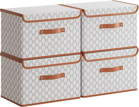 Tuza 4 Pack Fabric Storage Bins with Lids, Collapsible Closet Organizer Container, Decorative Storage Boxes with Lids for Organizing Clothes, Blanket, Grey & White, Medium