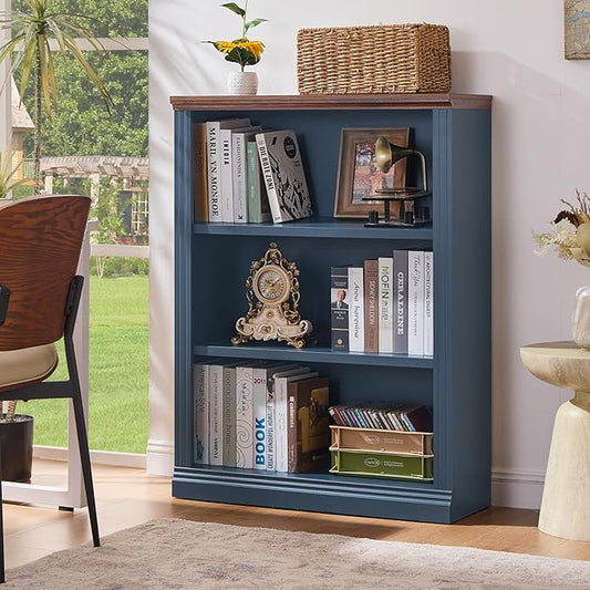 RWYHG 43" Blue Tall Bookshelf Set of 3,3-Tier Thick Wooden Book Shelf with Adjustable Shelves,Free Standing Farmhouse Bookcase with Open Display Storage,Floor Vintage Bookshelves for Living Room ﻿