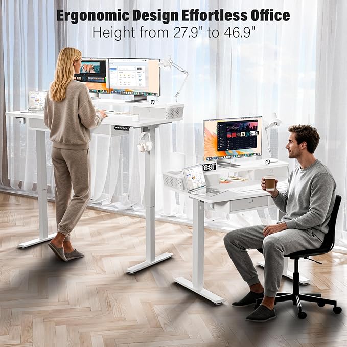 Kingant 40 x 24 Inch Electric Standing Desk with 4 Drawers, Height Adjustable Sit to Stand Computer Desk with Storage Shelf and C-Clamp Mount Compatibility for Home Office, White