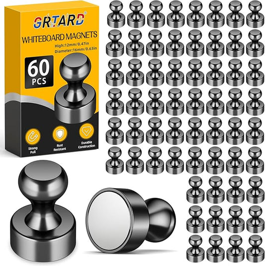 Grtard 60 Pack Magnetic Push Pins, Fridge Magnets for Whiteboard, Whiteboard Magnets Refrigerator Magnets, Small and Strong Push Pin Magnet for Office, School, Locker, and Map Magnet (Black)