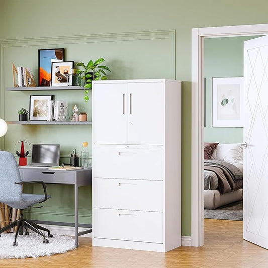 PEUKC 3-Drawer Metal File Cabinet, Lateral Vertical Filing Cabinets for Home Office, Locking Cabinet with Storage Shelves, Legal/Letter/A4 Size Office File Cabinet,(White, Assemble Required)
