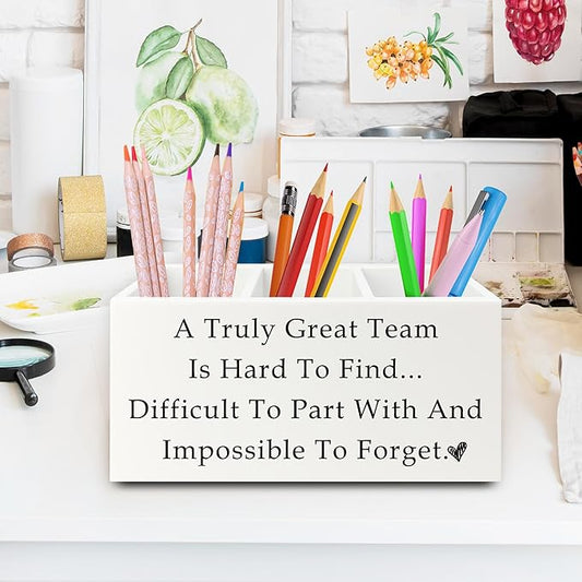 XPH Team Office Pen Pencil Holder Organizer for Desk, Team Appreciation Gifts for Employees, Gifts for Coworkers Women Men Wooden Box Sign for Home Office Desk Tabletop Decorations