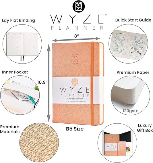 Wyze Planner Undated Daily Planner – 1-Year B5 Productivity Organizer with Two-Page Weekly Spread, Goal Setting, Habit Tracker, Weekly & Monthly Pages – Hardcover Time Management Notebook (Rose Gold)