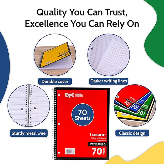 EPI Spiral Notebook | Wide - 70 Sheets, Durable Spiral Binding | 10.5 x 8 in | Classroom Supplies | School, Office, Note Taking, Journaling - 6 Pack