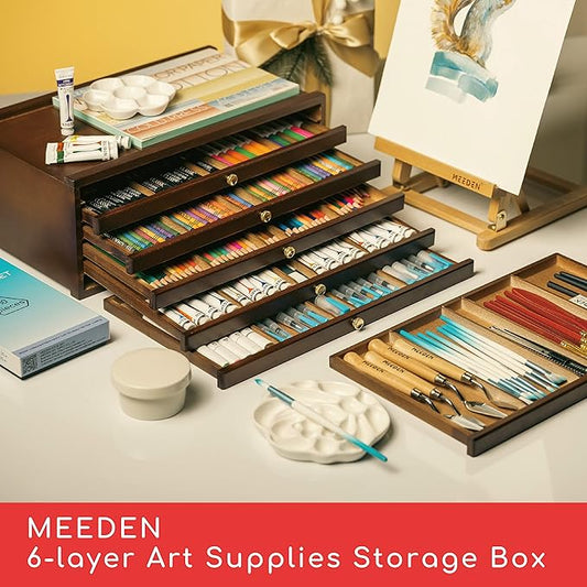 MEEDEN 6-Drawer Art Supply Storage Box - Large Capacity Multi-Function Beech-Wood Pencil Box with Drawer & Compartments for Organizing Pastels, Pencils, Pens, Markers, Brushes & Stamp, Walnut
