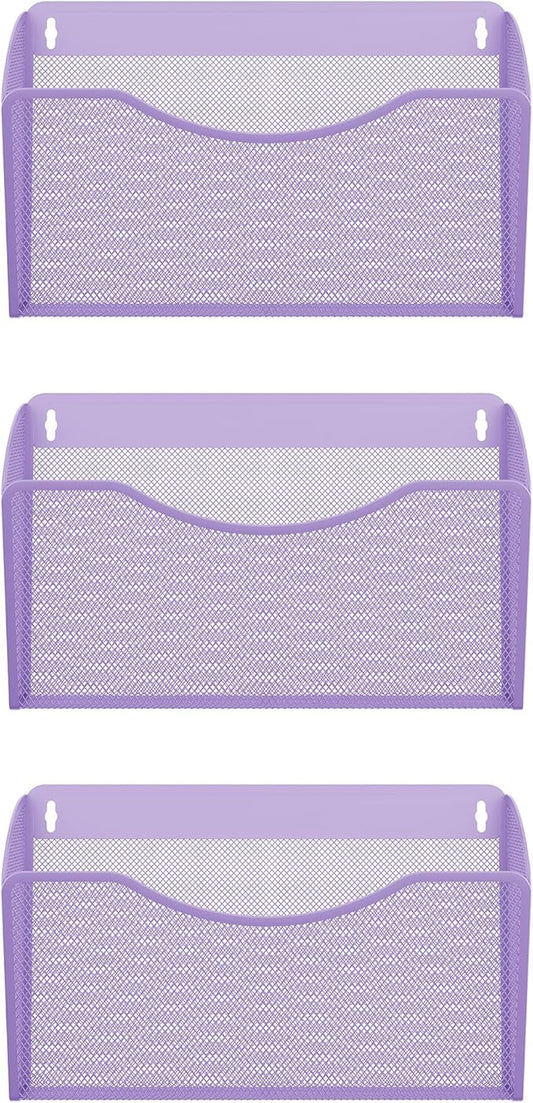 EasyPAG 3 Single Pocket Wall File Organizer, Mesh Hanging File Folder Organizer for Letter/A4 Size Folders, Wall Mounted Vertical Mail Holder for Paperwork, Office, Home, School, Purple