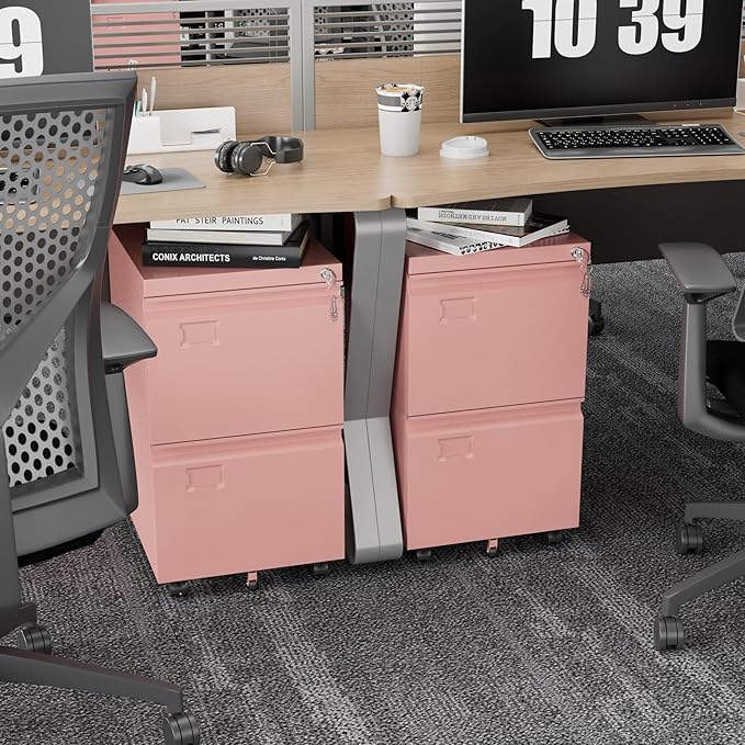 METAN 2 Drawer Vertical File Cabinet with Lock, Mobile Metal Filing Cabinet for Legal/Letter Size, Office Storage File Cabinet Under Desk with Card Holder,Assembly Required,Pink