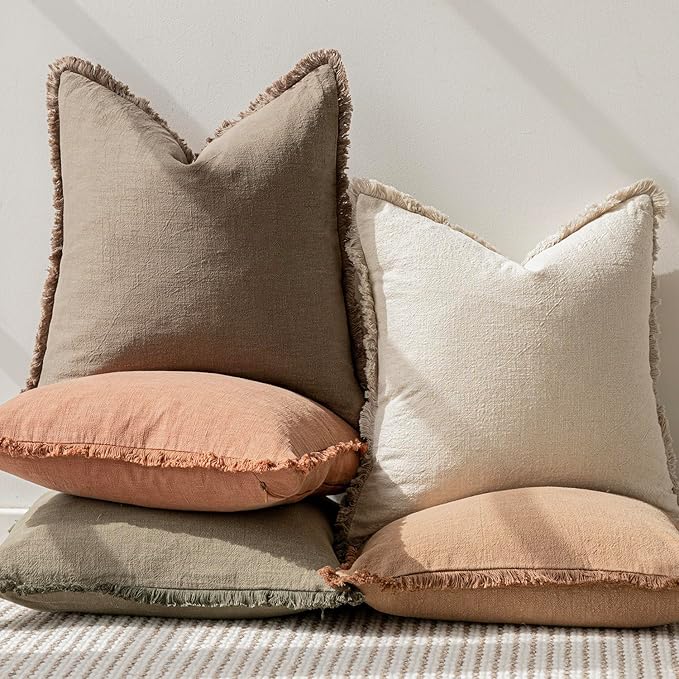 Foindtower Set of 2 Decorative Linen Fringe Throw Pillow Covers... (Brown, 20×..