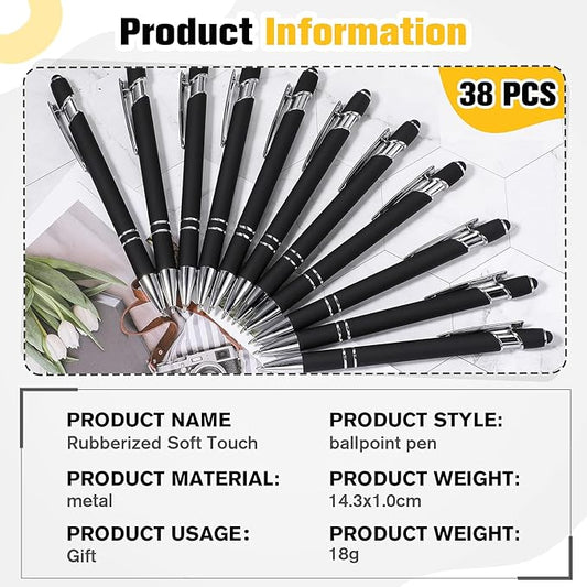Zonon 38 Pieces Rubberized Ballpoint Pen with Stylus Tip Stylish Metal Pen Capacitive Styli with Soft Rubberized Grip, Black Ink for Most Devices(Black)