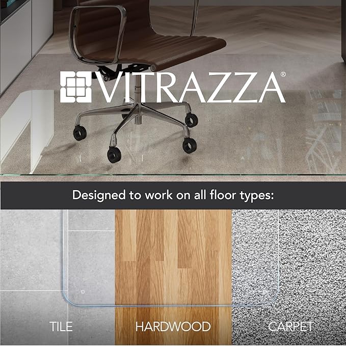 Vitrazza Glass Chair Mat 45” x 53” Superior ¼ Thick, Luminoso Low-Iron Ultra Clear, Certified Tempered Safety Glass, Delivers a Smooth Glide, Protects Carpet or Wood, Beautiful in Home or Office.