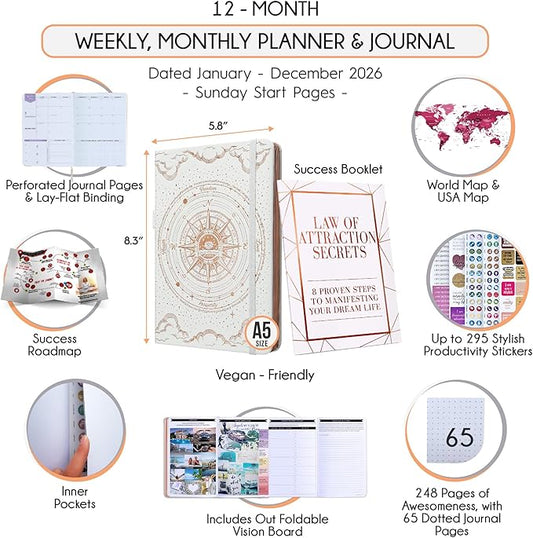 Law of Attraction Planner 2026 Deluxe with Productivity App | Weekly & Monthly Goal-Setting Planner, Life & Gratitude Journal | Include Foldable Vision Board, Gift Box & Stickers